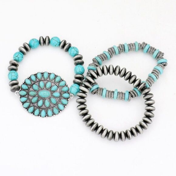 3PCS - Natural Stone Squash Blossom Stretch Bracelets - Picture 2 of 6